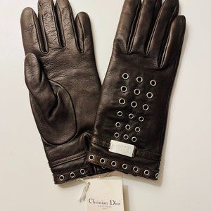 Christian Dior Brown Leather and Cashmere Gloves with Metal Grommets Sz 6.5 NWT